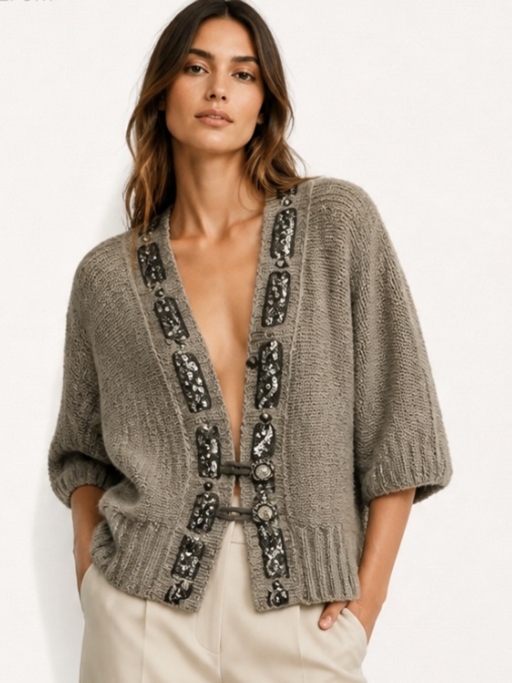 BKE The Buckle Cardigan Sweater Lace Sequins Wool Sweater Gray